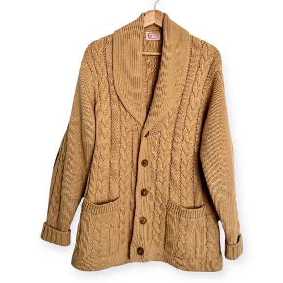 Deans Of Scotland Wool Cable Knit Shawl Collar Elbow Patch Cardigan Men's M - Picture 1 of 12